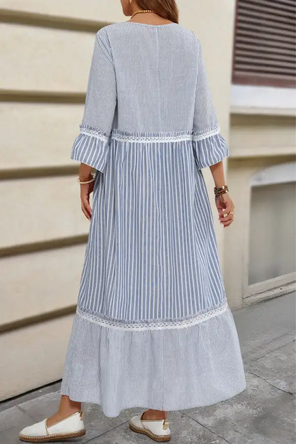 Sky Stripe Patchwork Crossed Lace Detail Bracelet Sleeve Maxi