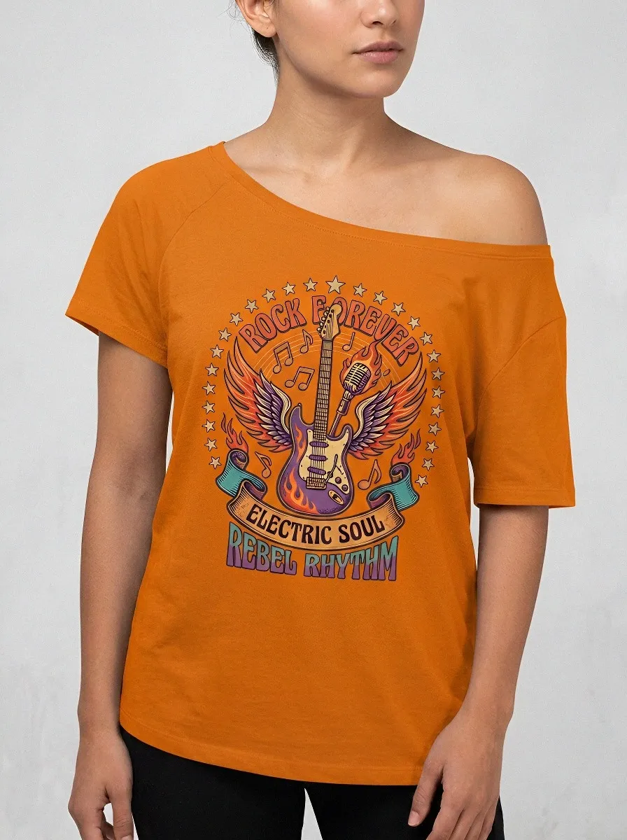 Women's Rock Music Lover Winged Guitar Flame Printed T-shirt