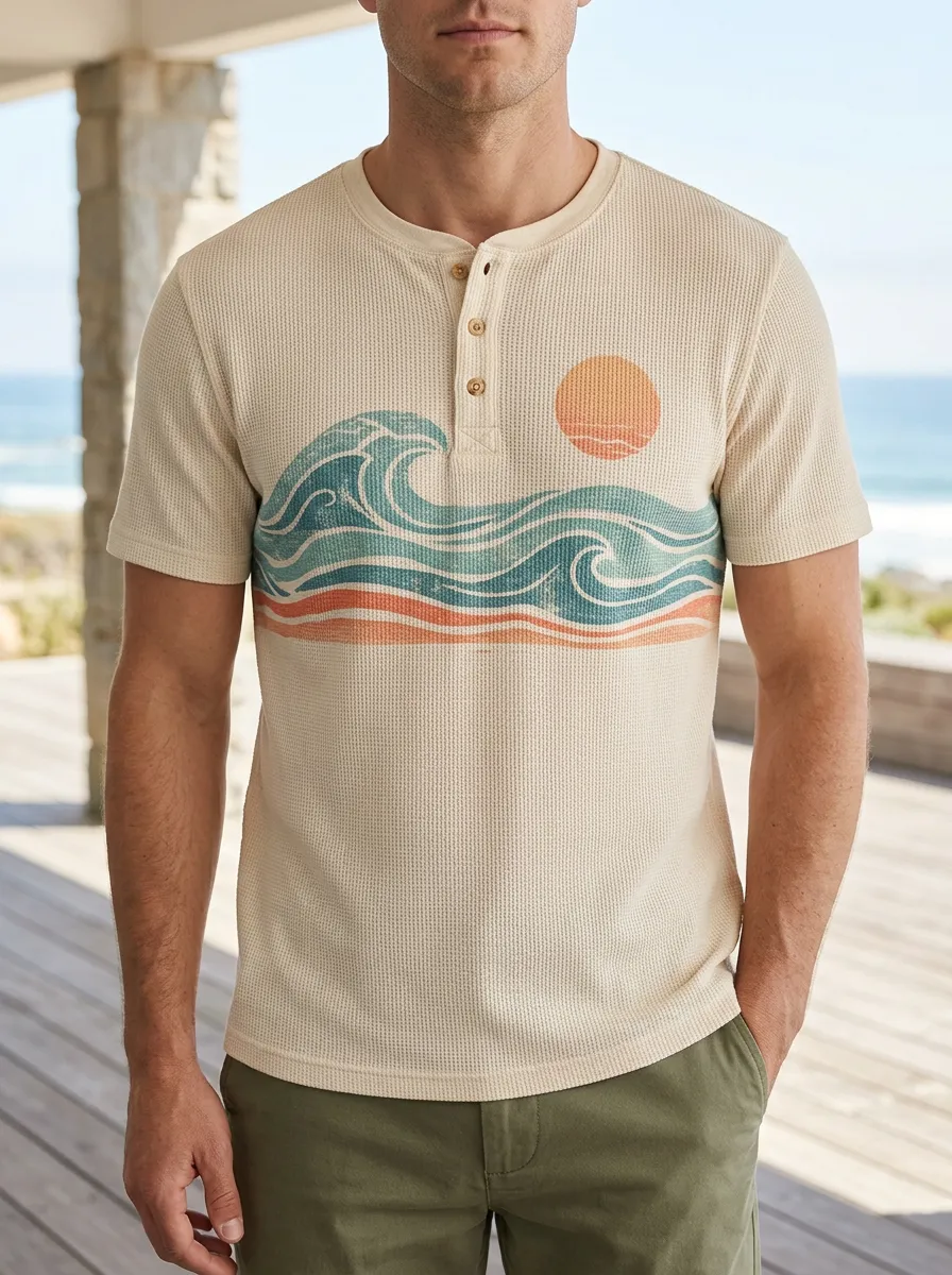 Men's Scenic Beach Lover Ocean Wave Sunset Henley T-Shirt