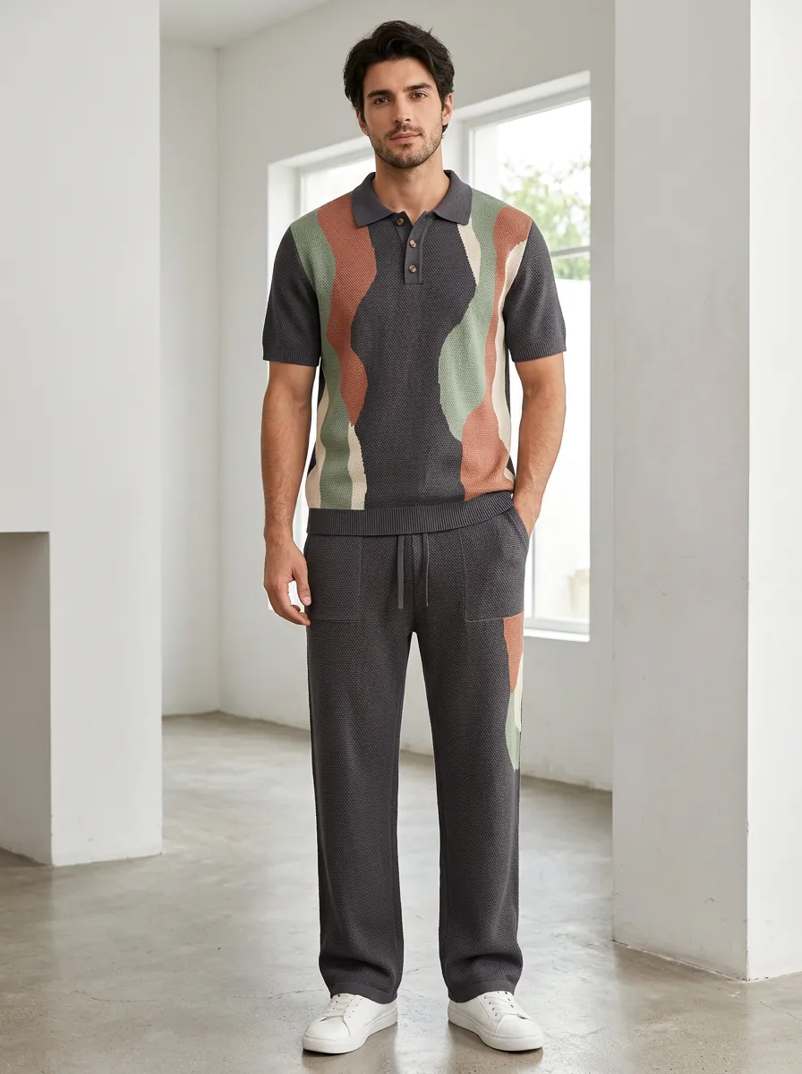 Men's Casual Wavy Pattern Knitted Polo Shirt and Pants Set