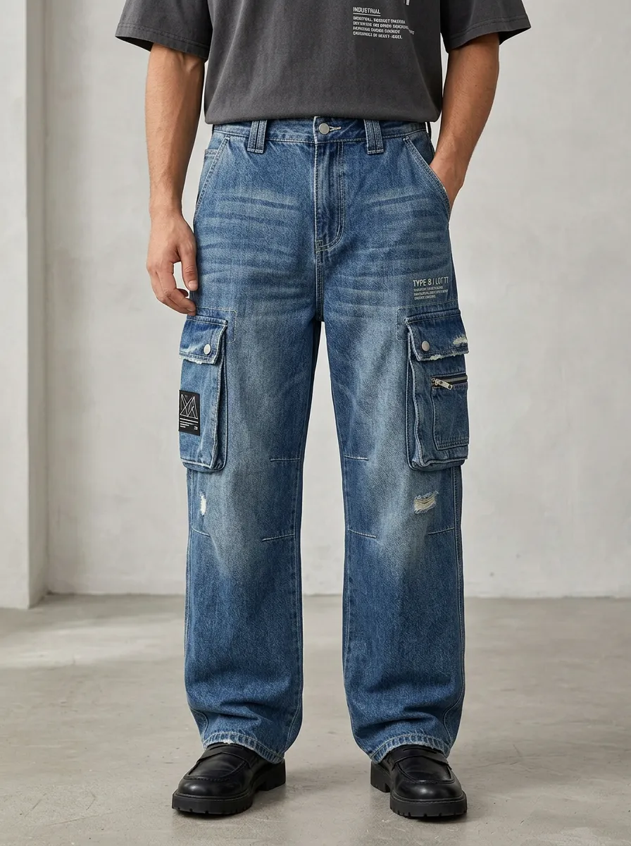 Men's Industrial Style Type 8 Graphic Denim Cargo Jeans
