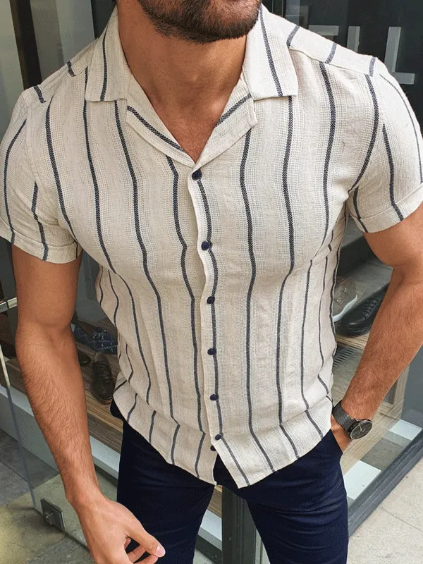Short Sleeve Slim Fit Striped Cotton Casual Shirt