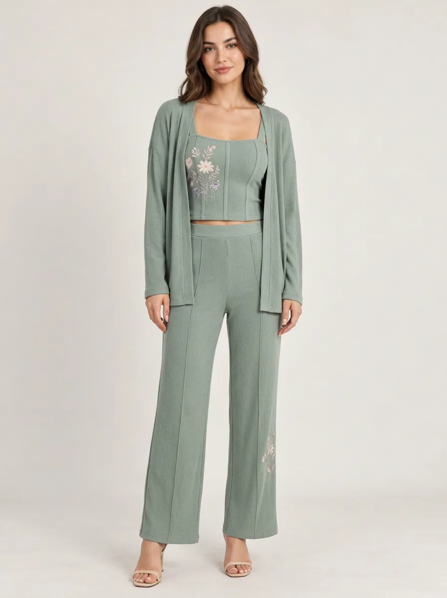 Women's Sage Green Floral Embroidered Ribbed Three-Piece Set