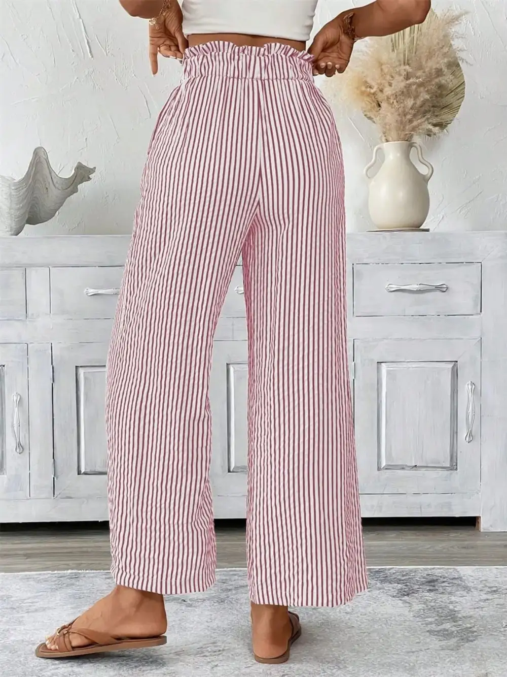 Wide Leg Paperbag Waist Striped Cropped Pants