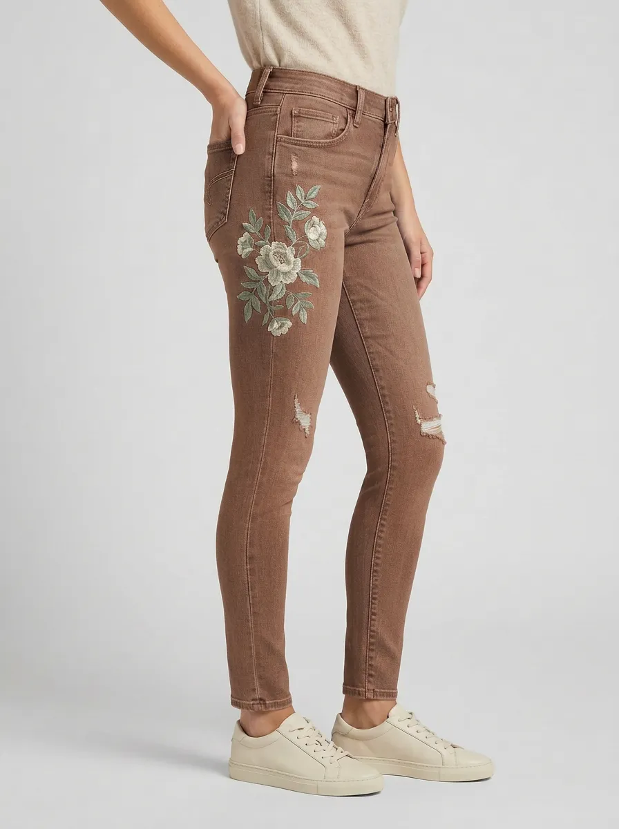 Women's Hudson Floral Embroidered Distressed Graphic Slim Jeans