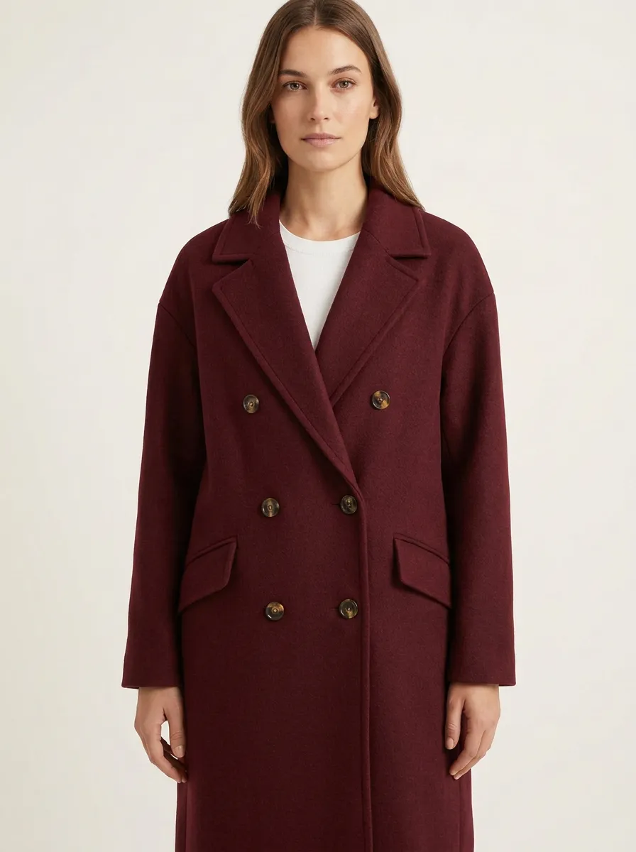 Women's Navy Blue Double-Breasted Wool-Blend Long Coat