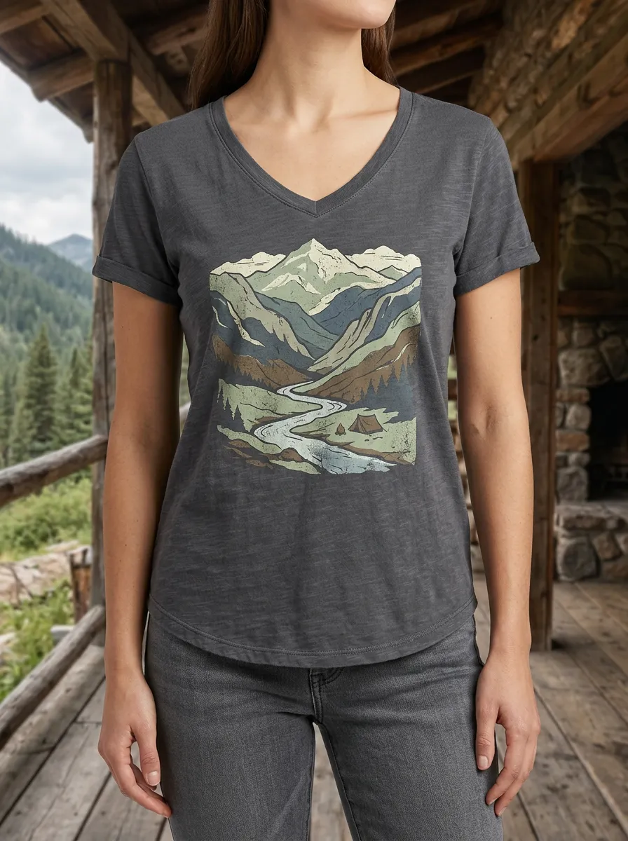 Women's Camping Nature Lover Mountain River Printed V-Neck T-Shirt