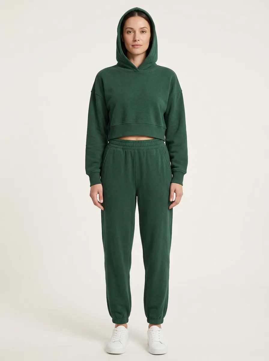 Women's Forest Green Drawstring-Free Cropped Hoodie and Jogger Set