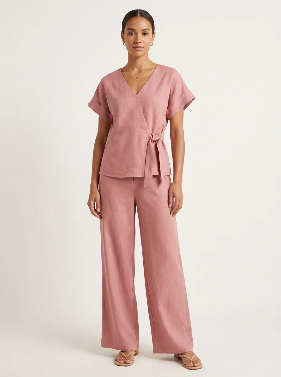 Short-Sleeve Linen-Blend Wrap-Front Women's V-Neck Shirt