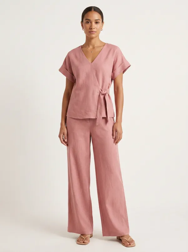 Short-Sleeve Linen-Blend Wrap-Front Women's V-Neck Shirt