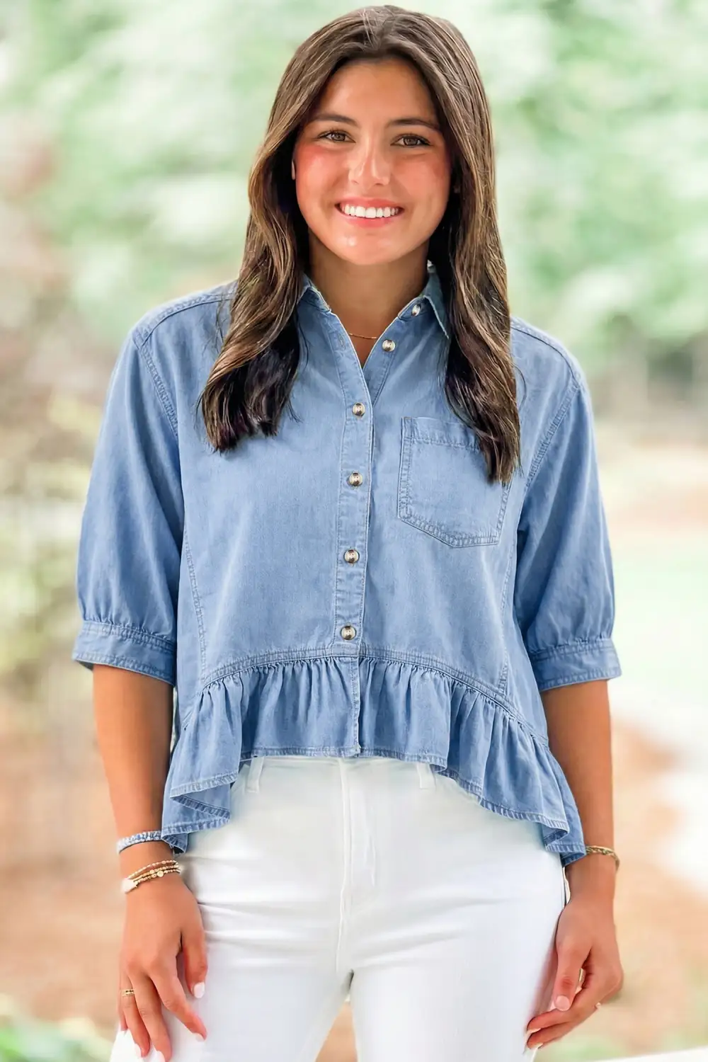 Ruffle Sleeve Half Sleeve Button Front Blouse