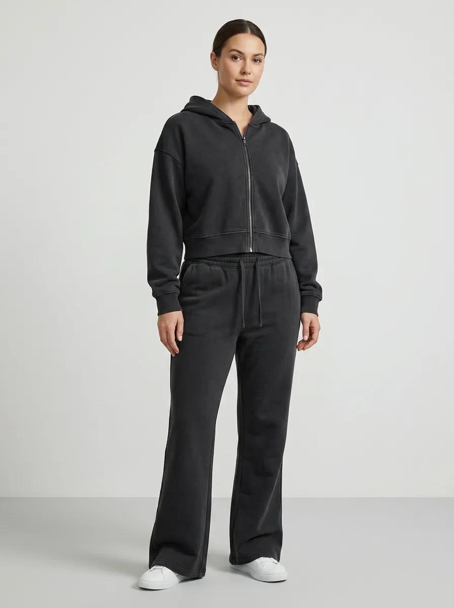 Women's Modern Washed Sport Inspired Cropped Hooded Jacket and Flare Pants Active Set