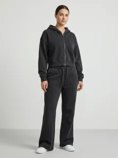 Women's Modern Washed Sport Inspired Cropped Hooded Jacket and Flare Pants Active Set