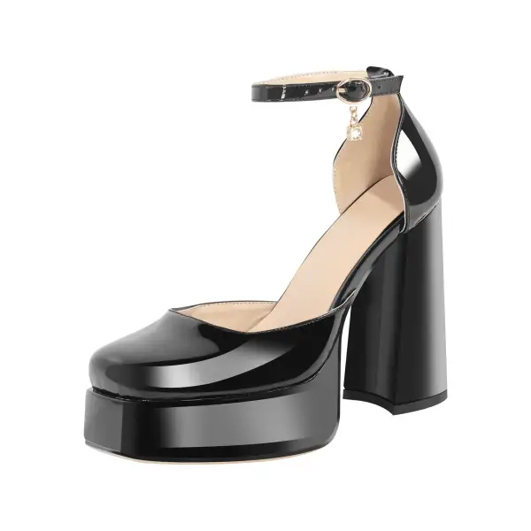 Modern Patent Finish Square Toe Low Platform Chunky Heel Pumps