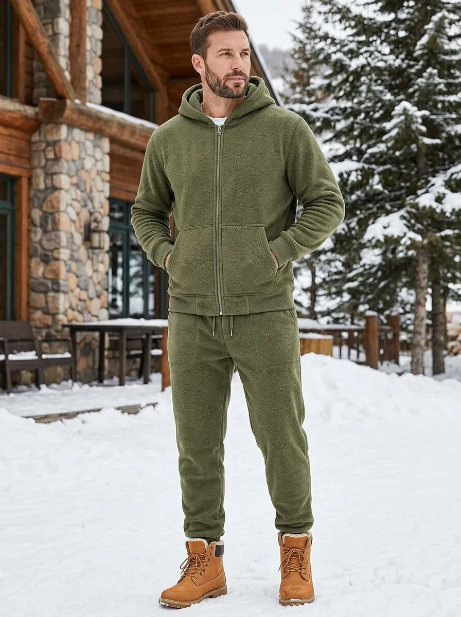 Men's Winter Fleece-Lined Zip-Up Hoodie and Pants Set with Ribbed Ankle Cuffs