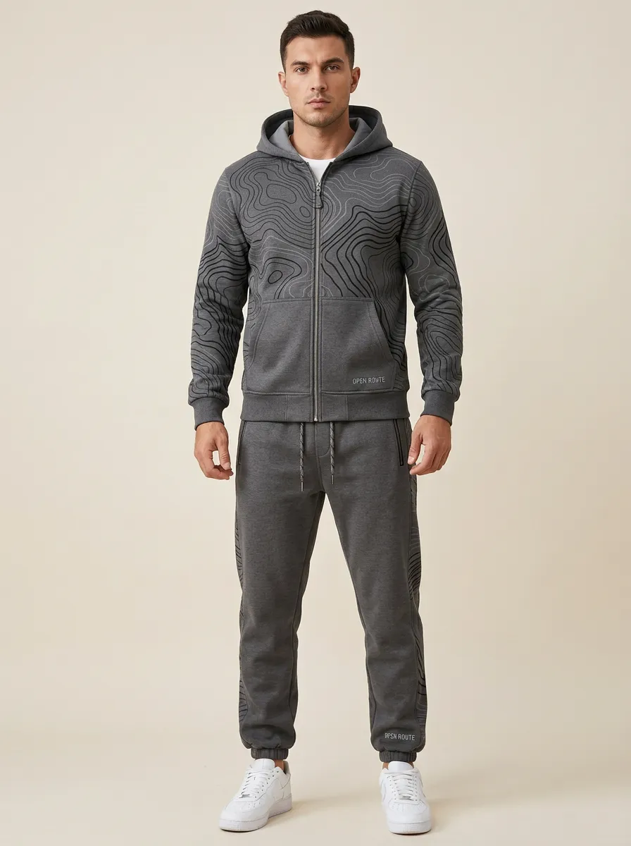 Men's Casual Outdoor Adventure Topographic Print Jogger Set