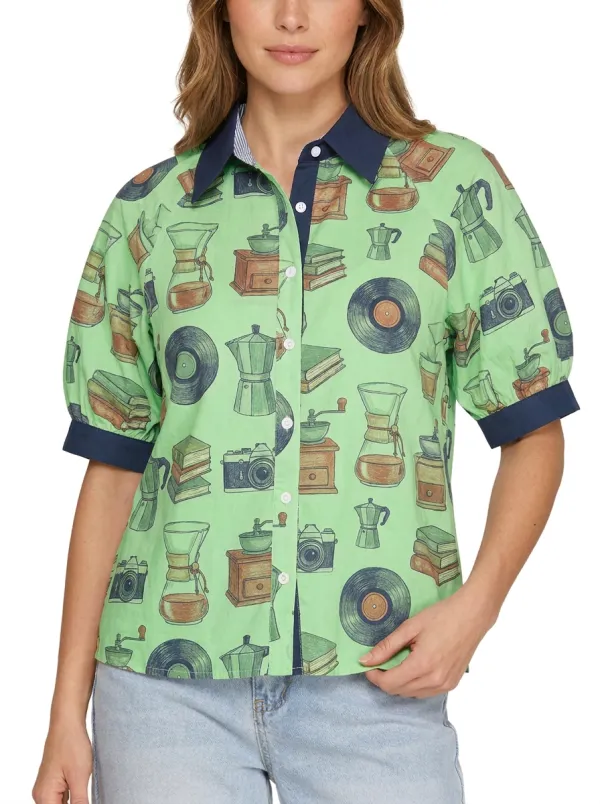 Women's Coffee Book Camera Vinyl Printed Button-Up Shirt