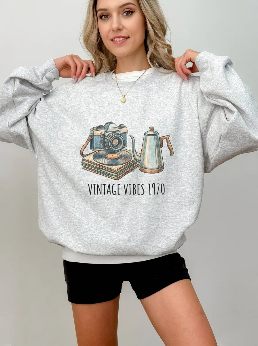 Women's Retro Camera Vinyl Record Printed Sweatshirt