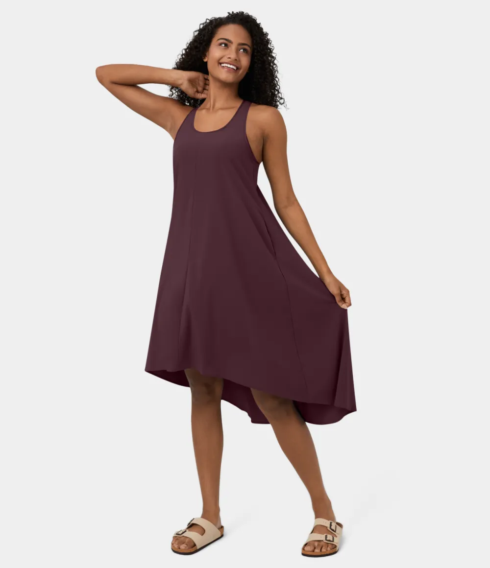 Breezeful Backless Racerback Side Pocket High Low Flowy Midi Quick Dry Casual Dress