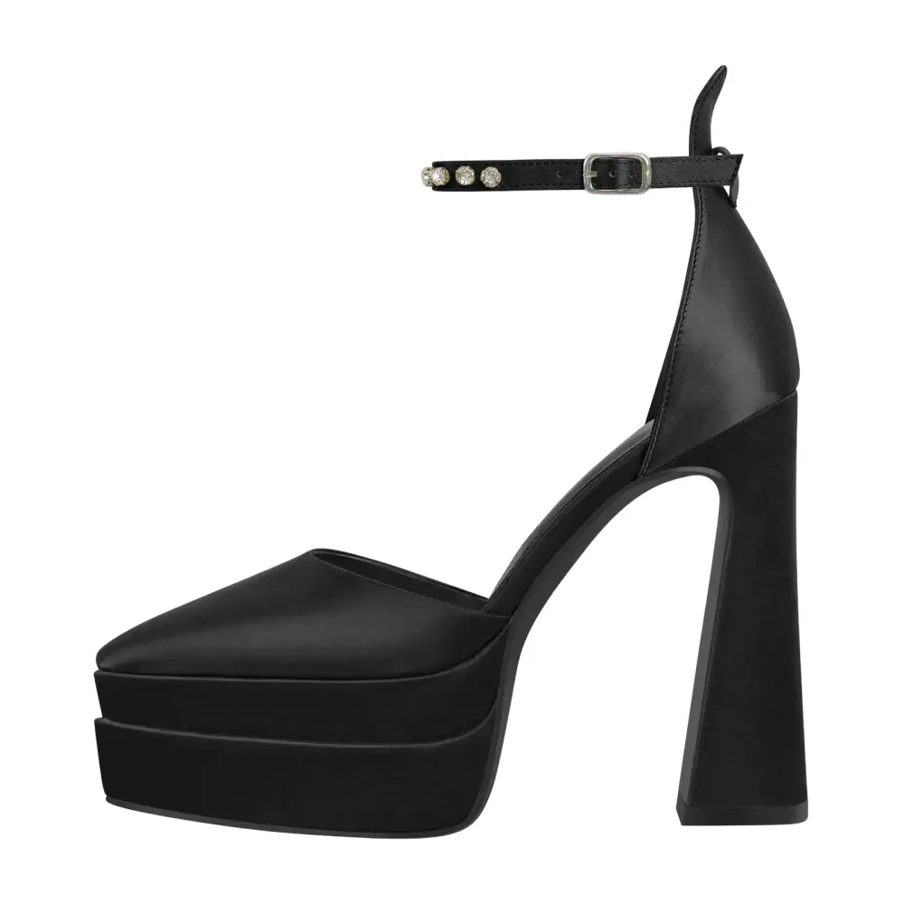 Satin Finish Rhinestone Pointed Toe Double Platform Chunky Heel Pumps