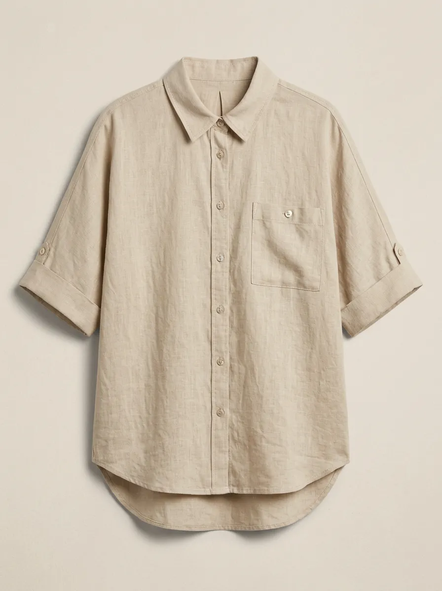 Women's Button Down Casual Beige Linen Blend Button Down Shirt
