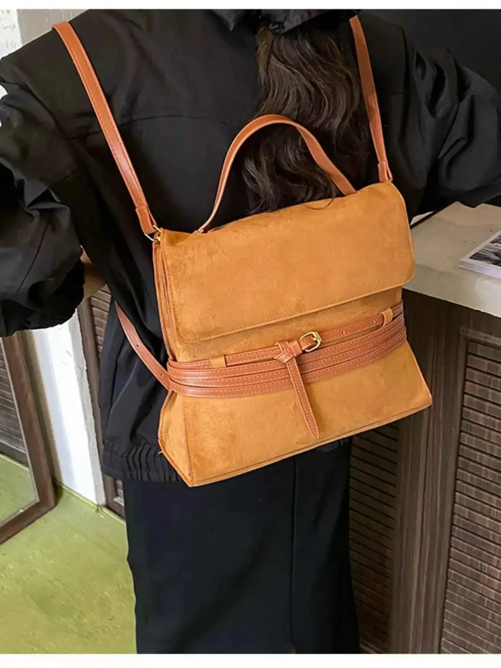 Suede Leather Belt Backpack Bag