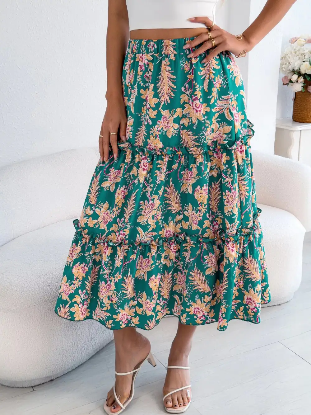 Print Ruffle Hem Flowy Midi Skirt