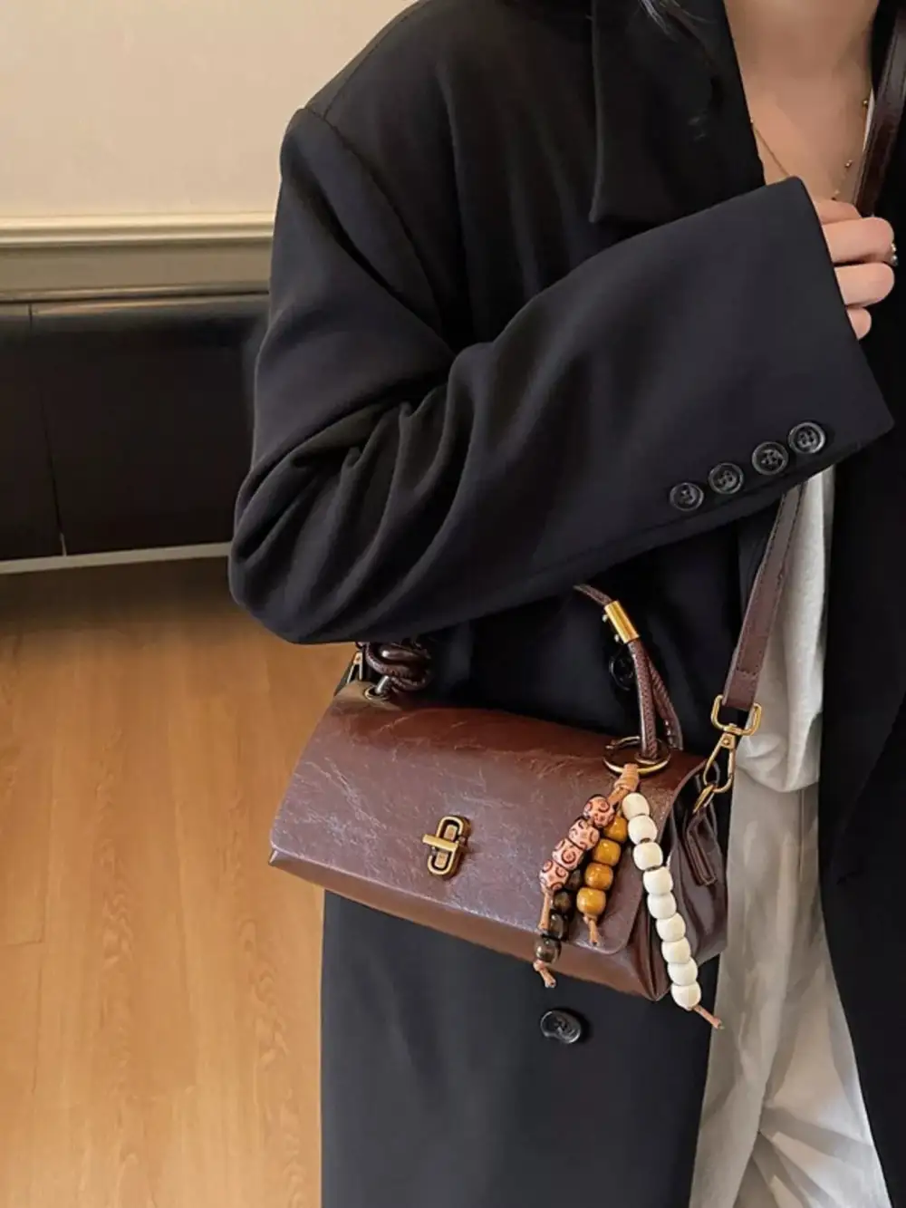 Bead Charm Faux Leather Crossbody