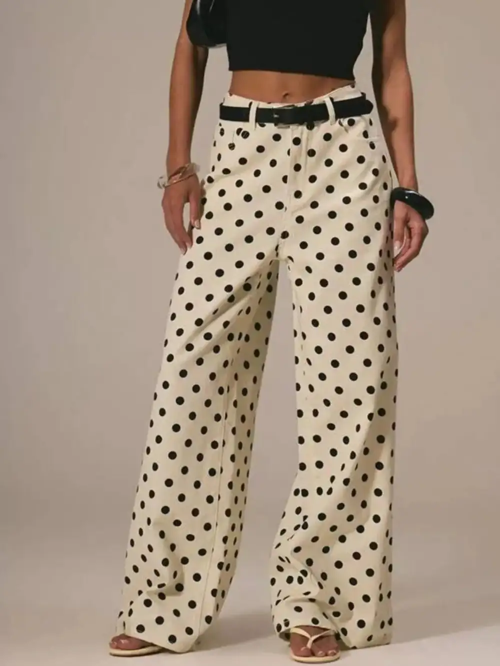 Denim Polka Dot Wide Leg Relaxed Fit Jeans