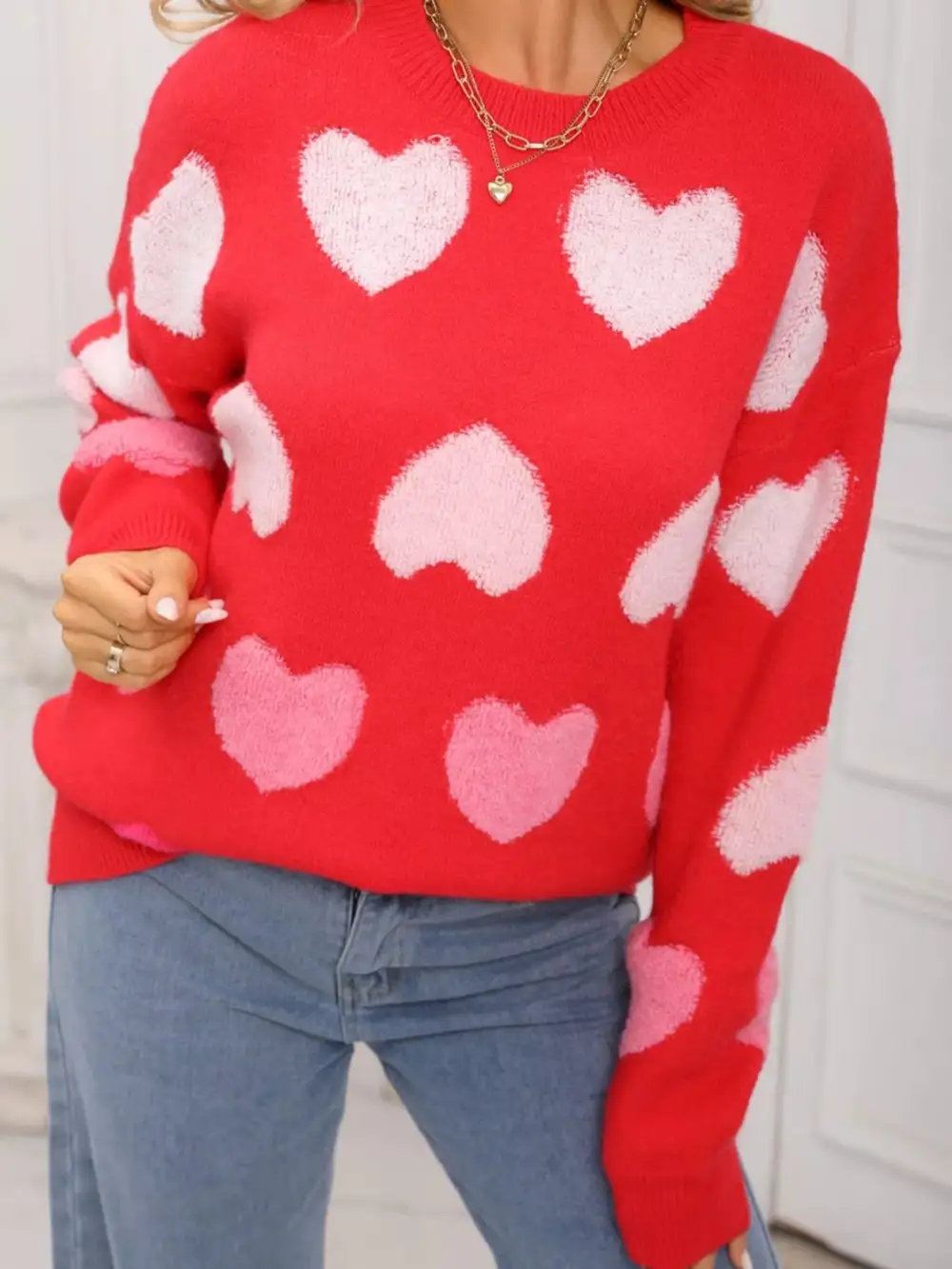 Valentine's Day Heart Pattern Fuzzy Knit Sweater