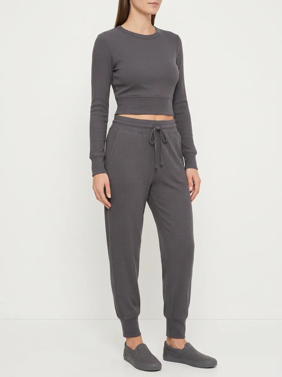 Women's Ribbed Crewneck Crop Top and Tapered Jogger Set