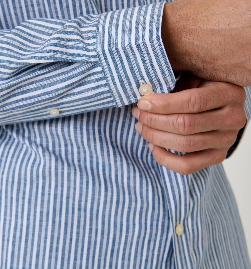 Men's Blue Stripe Linen Cotton Blend Long Sleeve Shirt