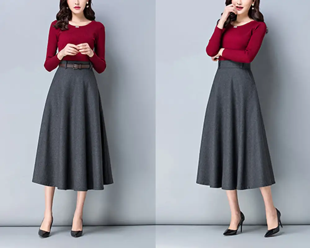 Belted Wool Flared Maxi Skirt