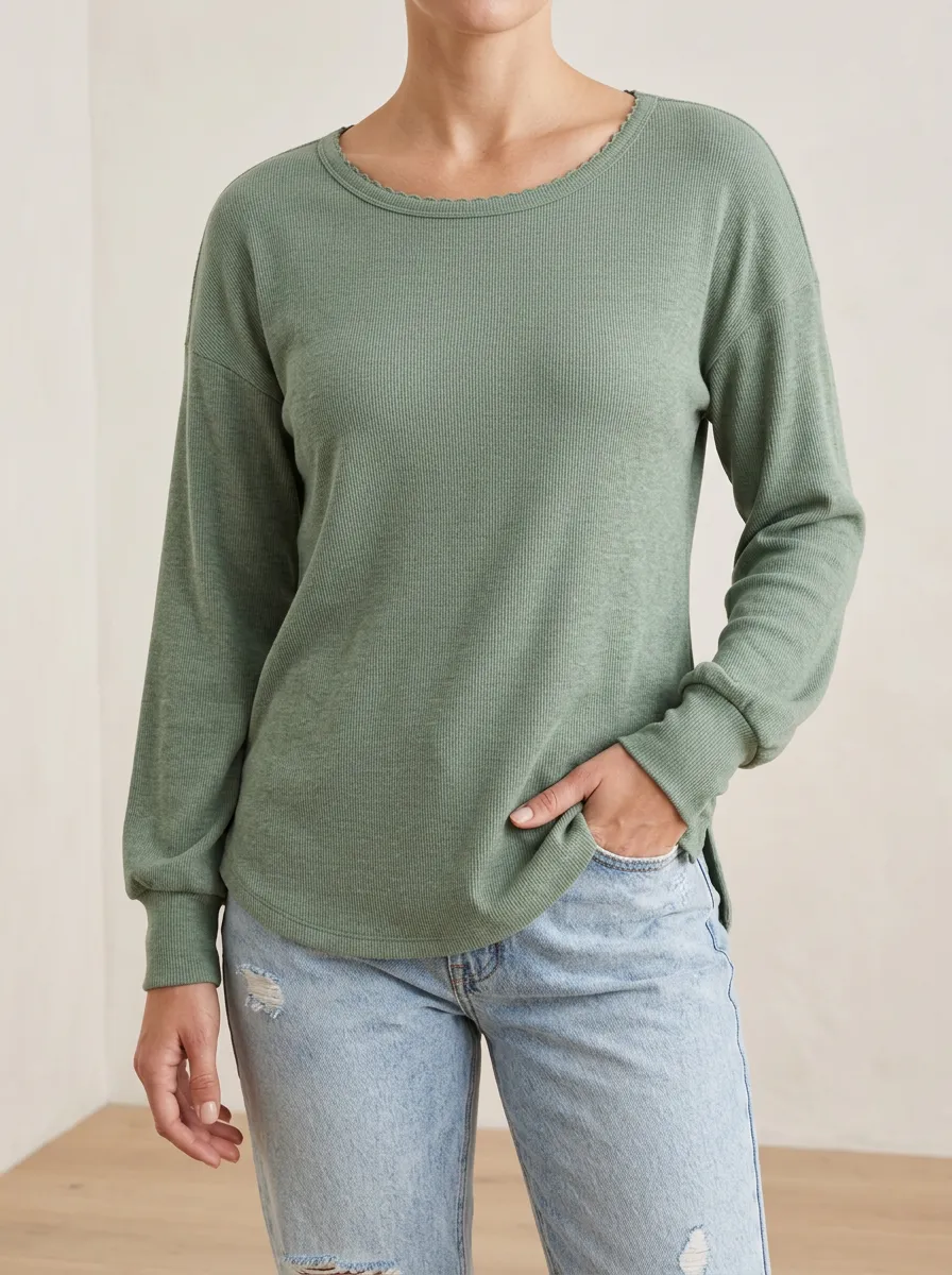 Ribbed Texture Cotton Feel Women's Long Sleeve Tee
