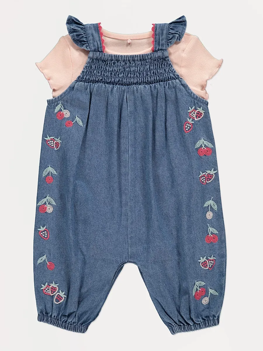Berry Embroidery Denim Dungarees and Bodysuit Outfit
