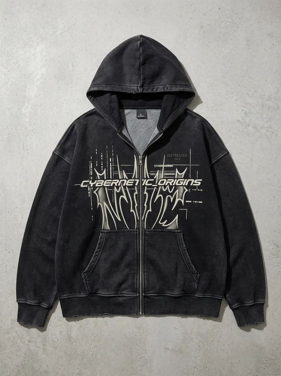 Unisex Streetwear Cybernetic Origins Distressed Printed Zip-up Hoodie