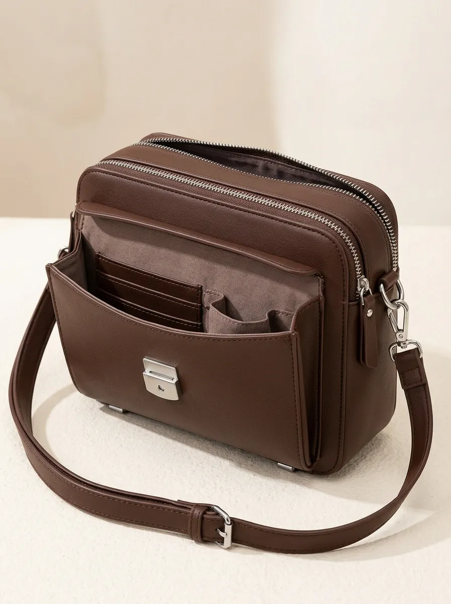 Chestnut Leather-Effect Organizer Crossbody Purse for Everyday Carry