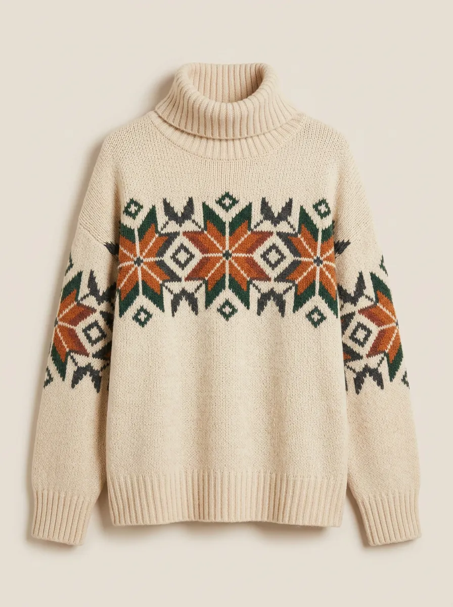 Women's Winter Holiday Nordic Snowflake Printed Turtleneck Sweater