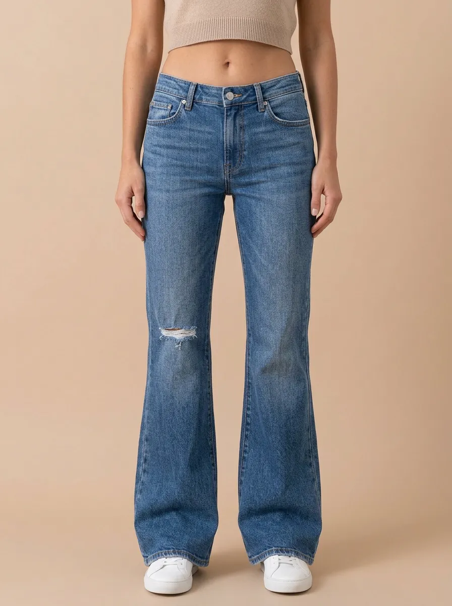 Women's Mid-Rise Right-Knee Frayed Clean-Hem Flare Jeans