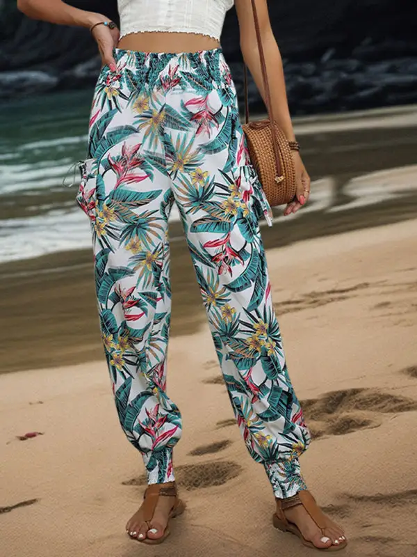 Work Pants Pocket Tropical Print Trousers Leggings