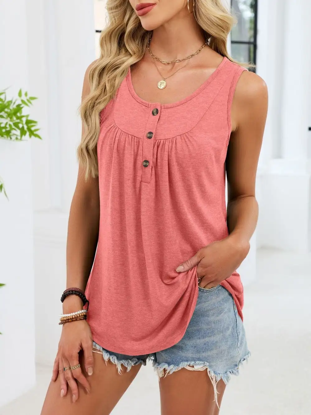 Button Detail Round Neck Tank