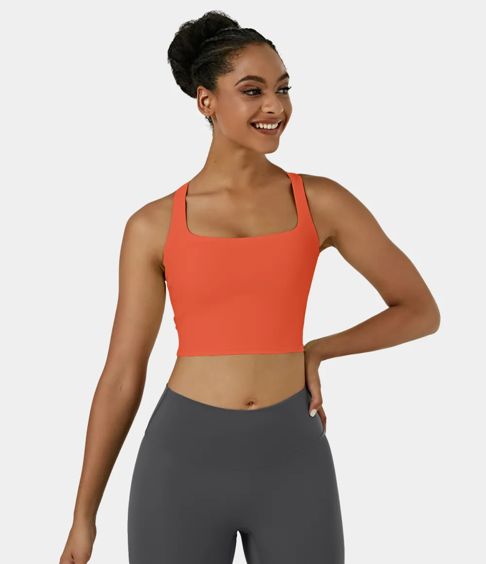 Softlyzero Airy Square Neck Backless Crisscross Cropped Cool Touch Yoga Tank Top-UPF50+