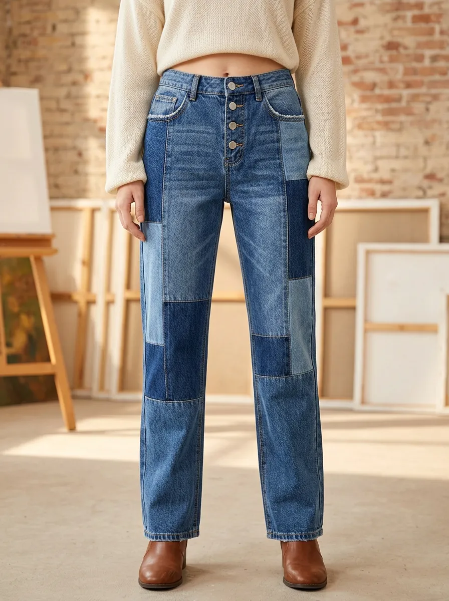 Women's Vintage Style Patchwork Button Fly Denim Jeans