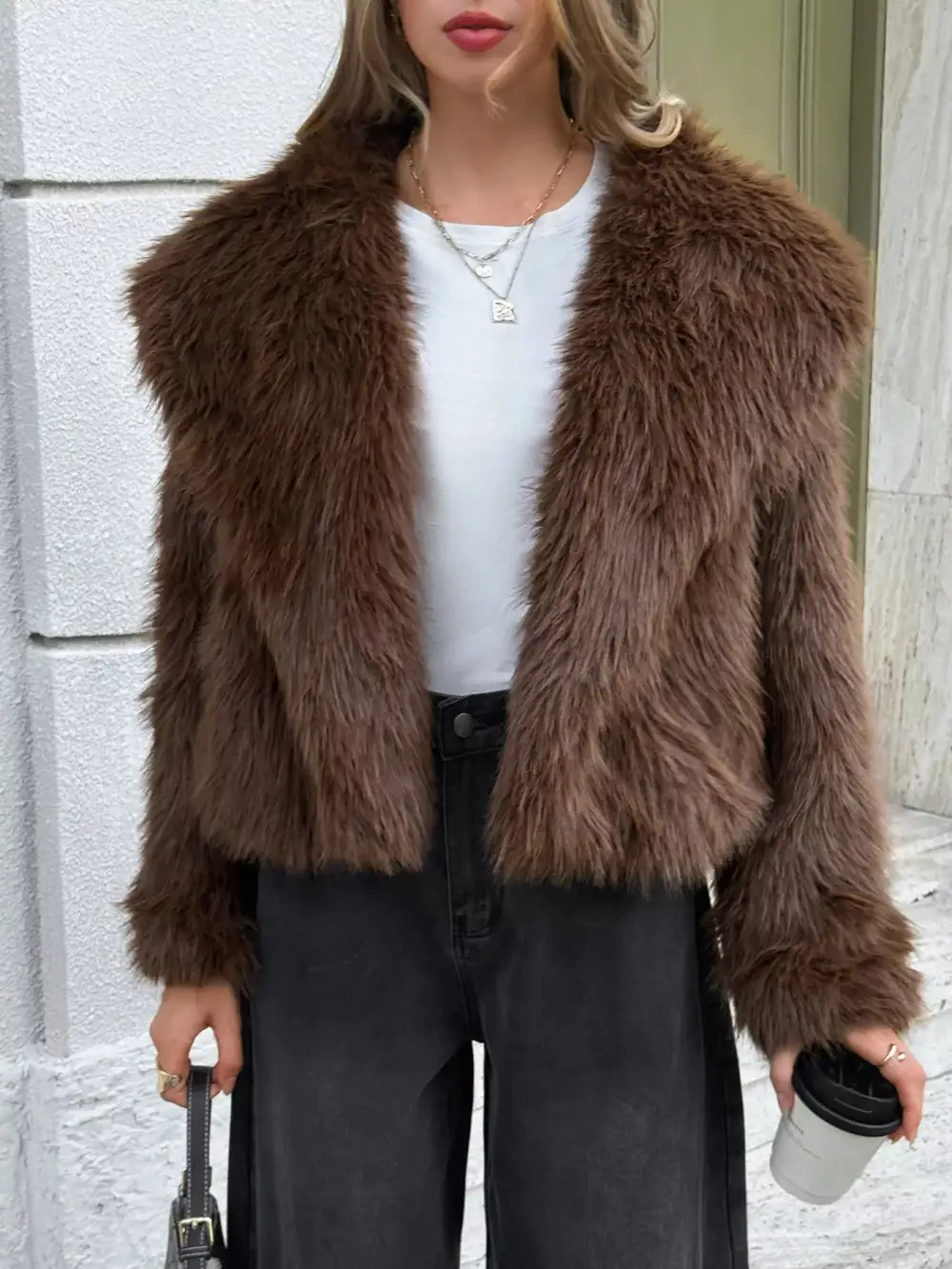 Open Front Faux Fur Cropped Jacket
