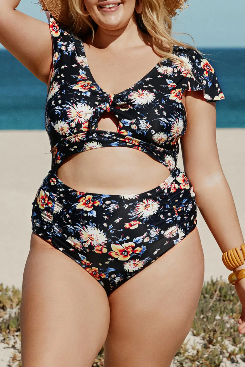 Swimwear Plus Size Flutter Cap Sleeve Floral High Waist Bikini