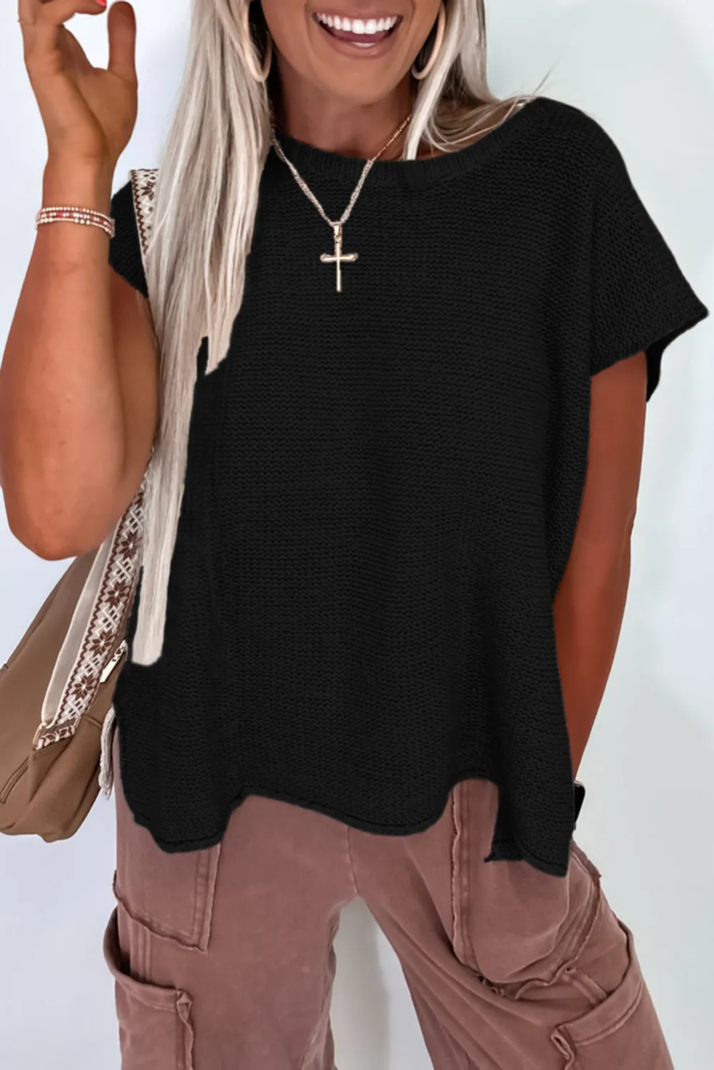 Black Sweater Side Slits Tee