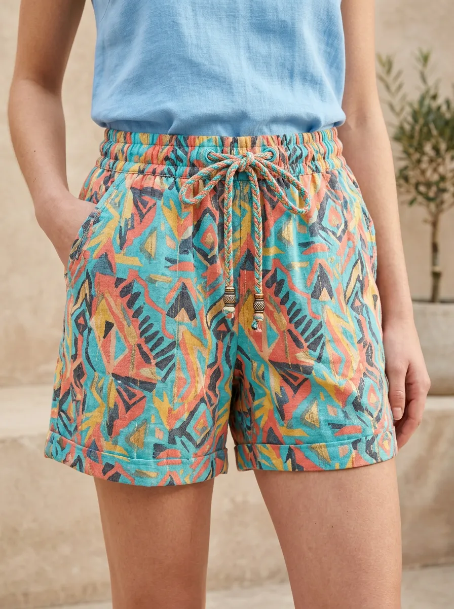 Women's Boho Style Geometric Pattern Braided Drawstring Printed Shorts