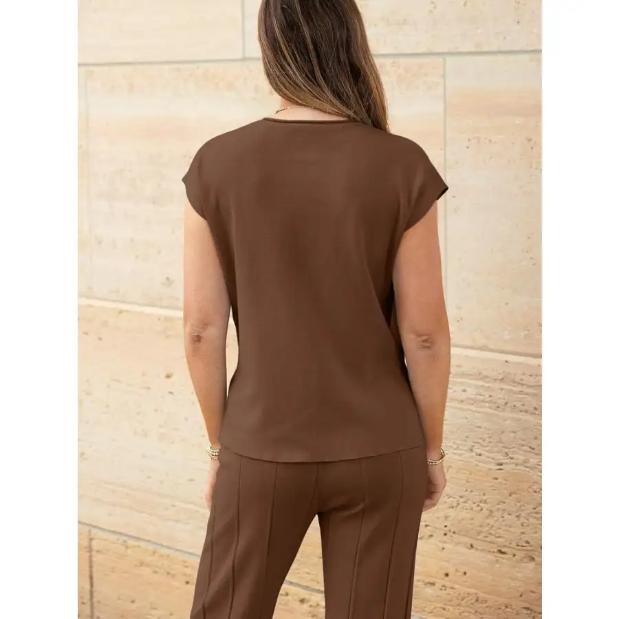 Round Neck Cap Sleeve Top and Pants Knit Set