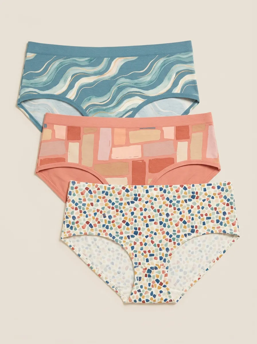 Women's Abstract Wave Geometric Terrazzo Printed Three Pack Panties