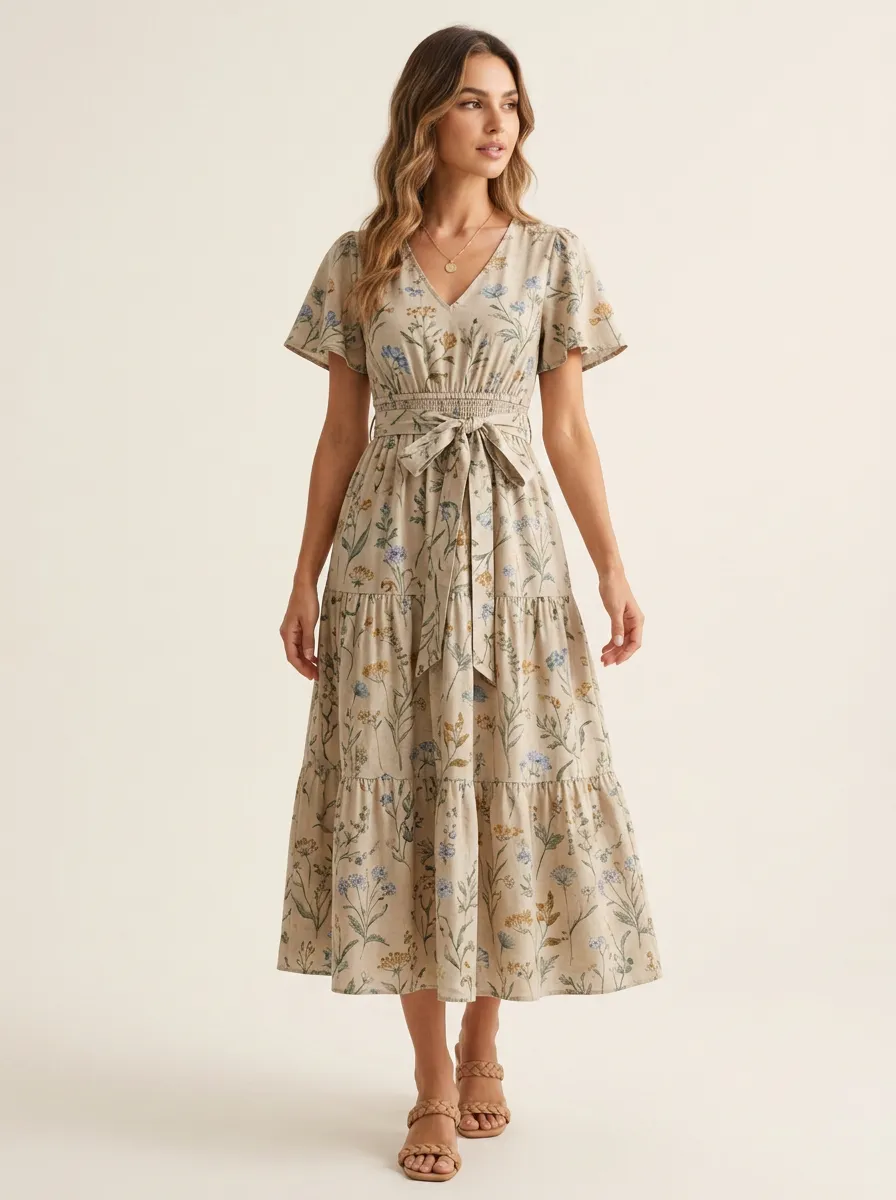 Women's Boho Style Wildflower Botanical Printed Midi Dress